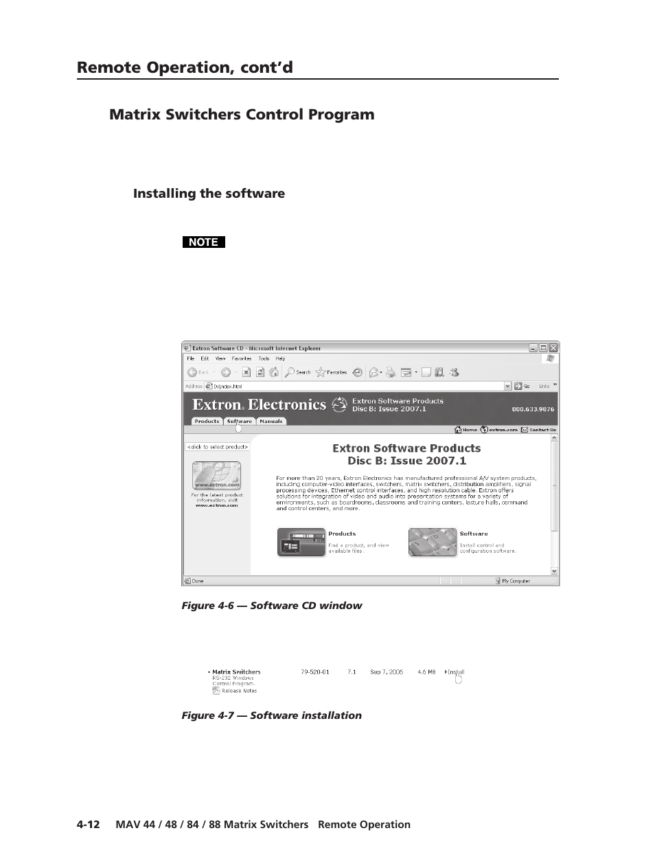 Matrix switchers control program, Installing the software, Remote operation, cont’d | Extron Electronics MAV 44_48_84_88 Series User Guide User Manual | Page 68 / 88