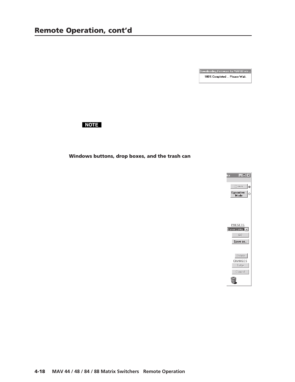 Windows buttons, drop boxes, and the trash can, Remote operation, cont’d | Extron Electronics MAV 44_48_84_88 Series User Guide User Manual | Page 74 / 88