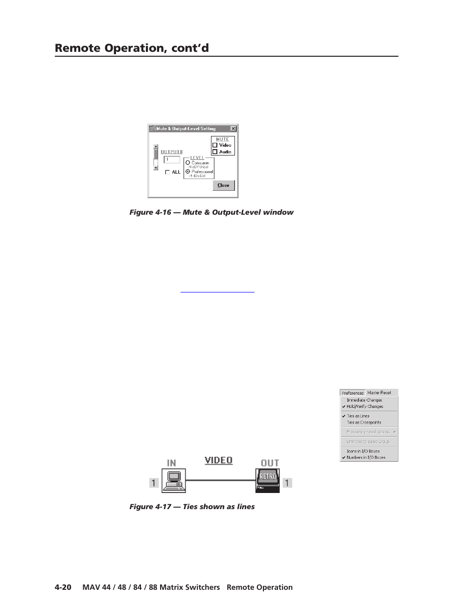 Audio-input configuration selection, Preferences menu, Remote operation, cont’d | Extron Electronics MAV 44_48_84_88 Series User Guide User Manual | Page 76 / 88