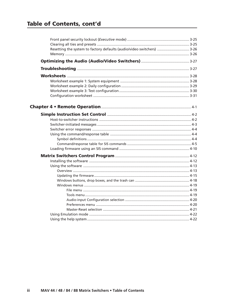 Table of contents, cont’d | Extron Electronics MAV 44_48_84_88 Series User Guide User Manual | Page 8 / 88