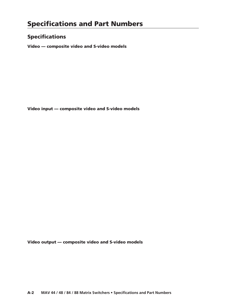 Specifications, Specifications and part numbers, Specifications and part numbers, cont’d | Extron Electronics MAV 44_48_84_88 Series User Guide User Manual | Page 80 / 88