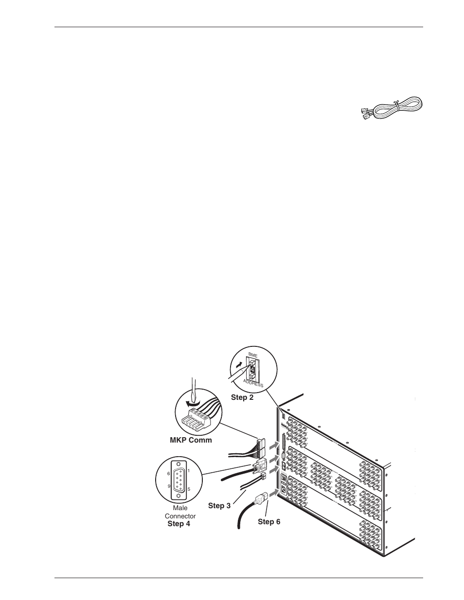 Setting bme addresses, Connecting the bme comm interconnecting cable(s), Connecting the rs-232/rs-422 cable to bme #0 | Connecting the ac power cable(s) to the bme(s), Applying ac power to the bme(s), Step 2 mkp comm step 4 step 3 step 6, Male connector | Extron Electronics Matrix 3200 Series User Guide User Manual | Page 18 / 71