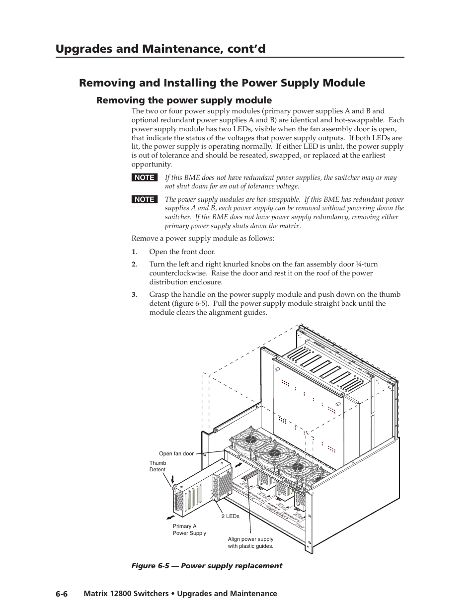 Removing and installing the power supply module, Removing the power supply module, Removing and installing the power supply module | Removing the power supply module -6, Removing and installing the power supply module, Preliminar y, Upgrades and maintenance, cont’d, Removing the power supply module, Figure 6-5 — power supply replacement | Extron Electronics Matrix 12800 Series User Guide User Manual | Page 103 / 137