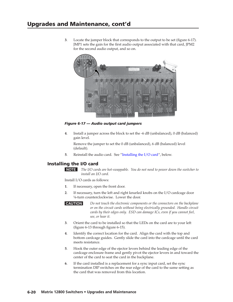 Installing the i/o card, Installing the i/o card -20, Preliminar y | Upgrades and maintenance, cont’d | Extron Electronics Matrix 12800 Series User Guide User Manual | Page 117 / 137