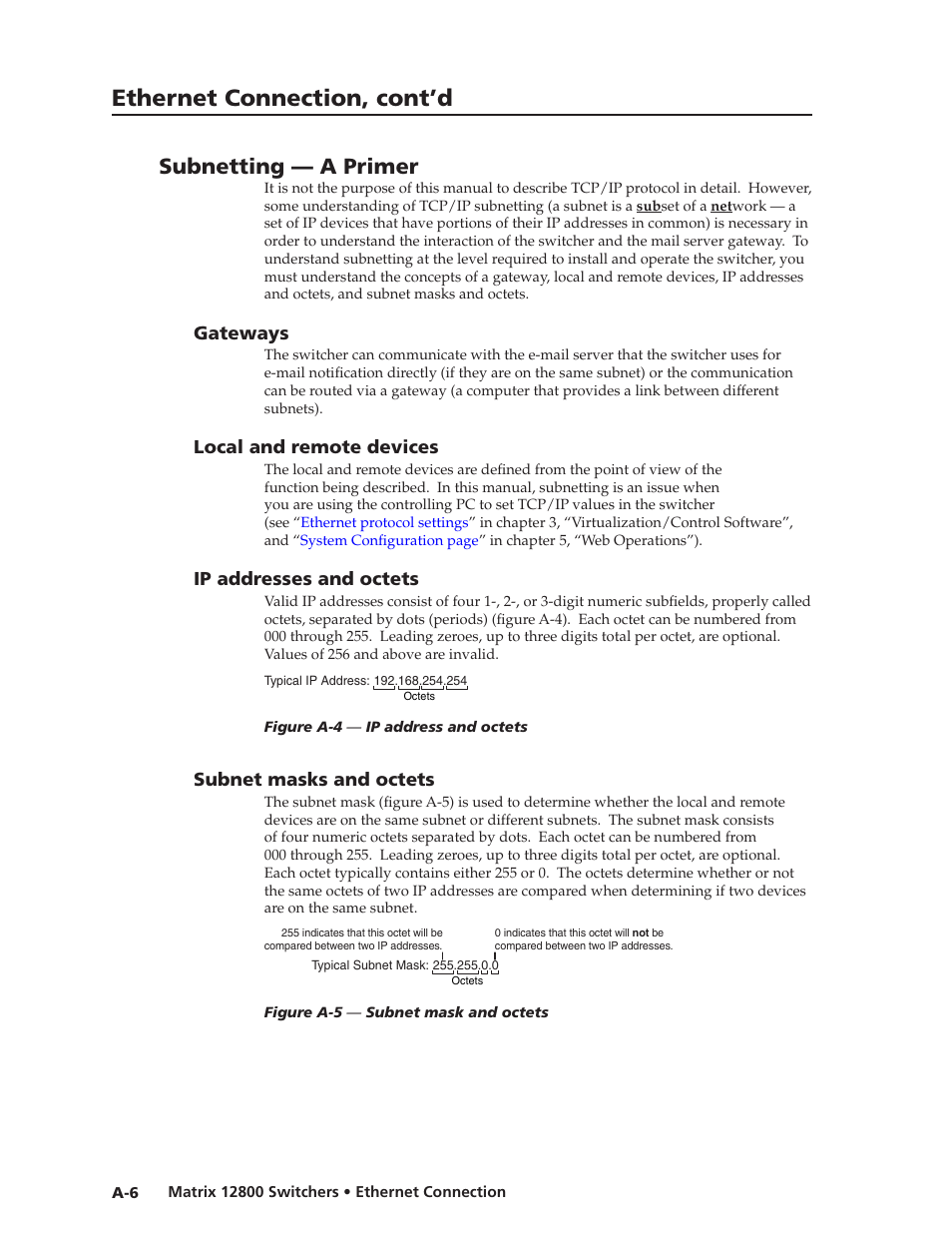 Subnetting — a primer, Gateways, Local and remote devices | Ip addresses and octets, Subnet masks and octets, Subnetting — a primer, Preliminar y, Ethernet connection, cont’d | Extron Electronics Matrix 12800 Series User Guide User Manual | Page 127 / 137