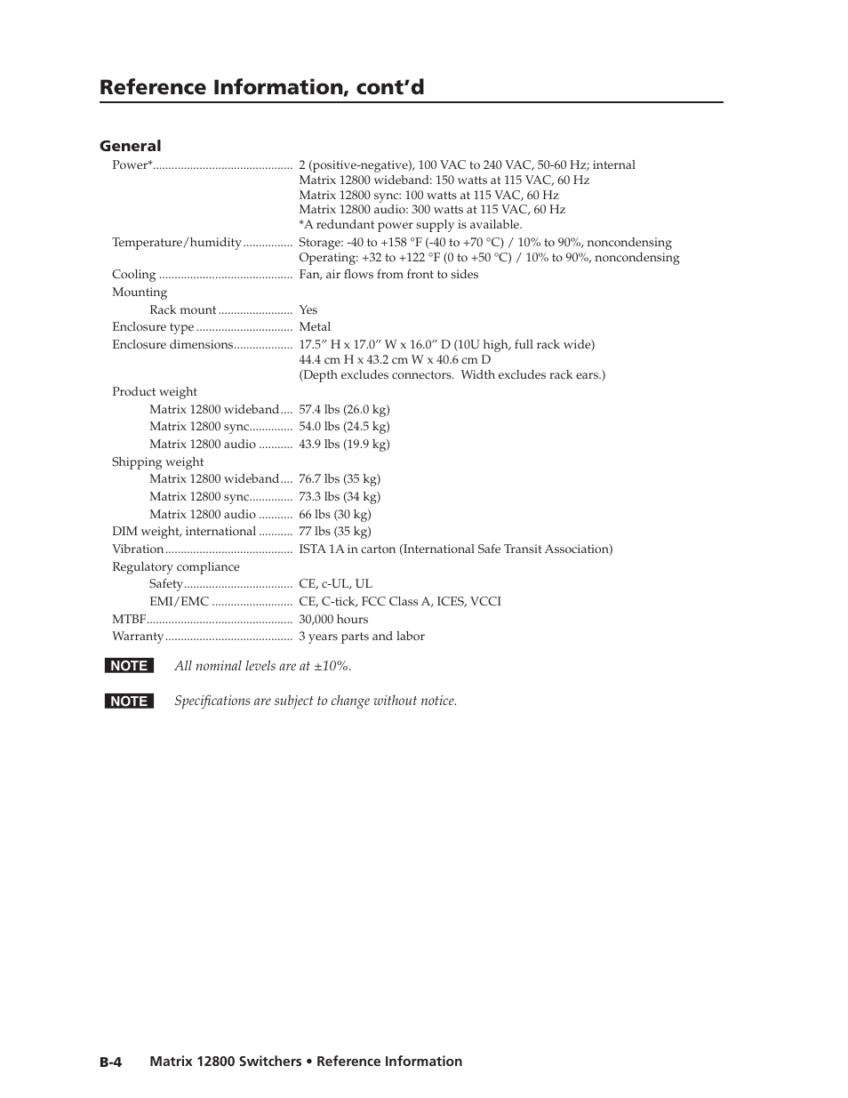 Preliminar y, Reference information, cont’d | Extron Electronics Matrix 12800 Series User Guide User Manual | Page 133 / 137