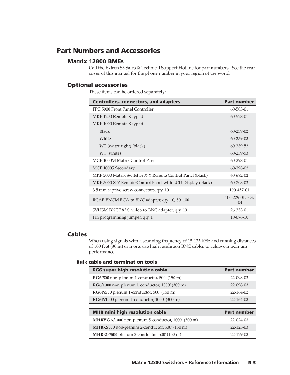 Part numbers and accessories, Matrix 12800 bmes, Optional accessories | Cables, Bulk cable and termination tools, Part numbers and accessories, Preliminar y | Extron Electronics Matrix 12800 Series User Guide User Manual | Page 134 / 137