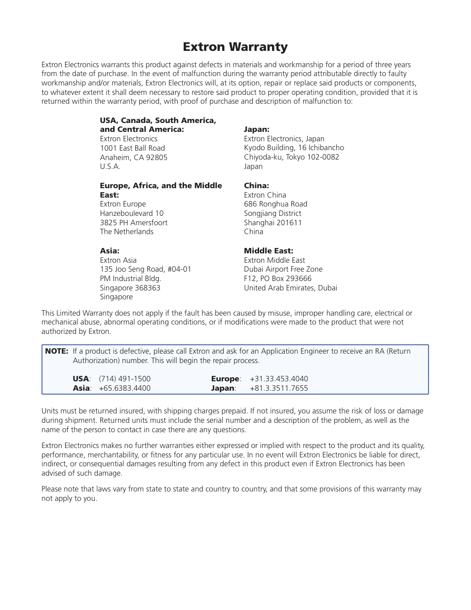 Inside rear cover: warranty, Extron warranty | Extron Electronics Matrix 12800 Series User Guide User Manual | Page 136 / 137