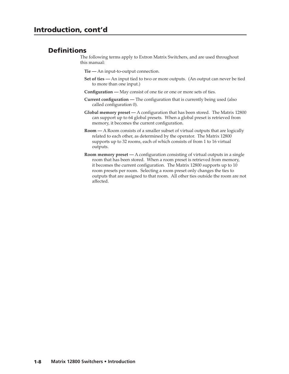 Definitions, Preliminar y, Introduction, cont’d | Extron Electronics Matrix 12800 Series User Guide User Manual | Page 15 / 137