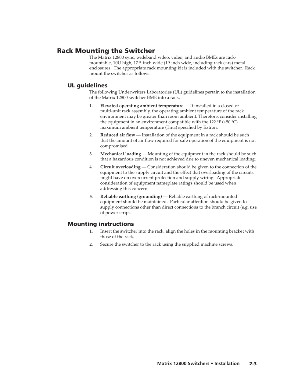 Rack mounting the switcher, Ul guidelines, Mounting instructions | Ul guidelines -3 mounting instructions -3, Preliminar y | Extron Electronics Matrix 12800 Series User Guide User Manual | Page 18 / 137