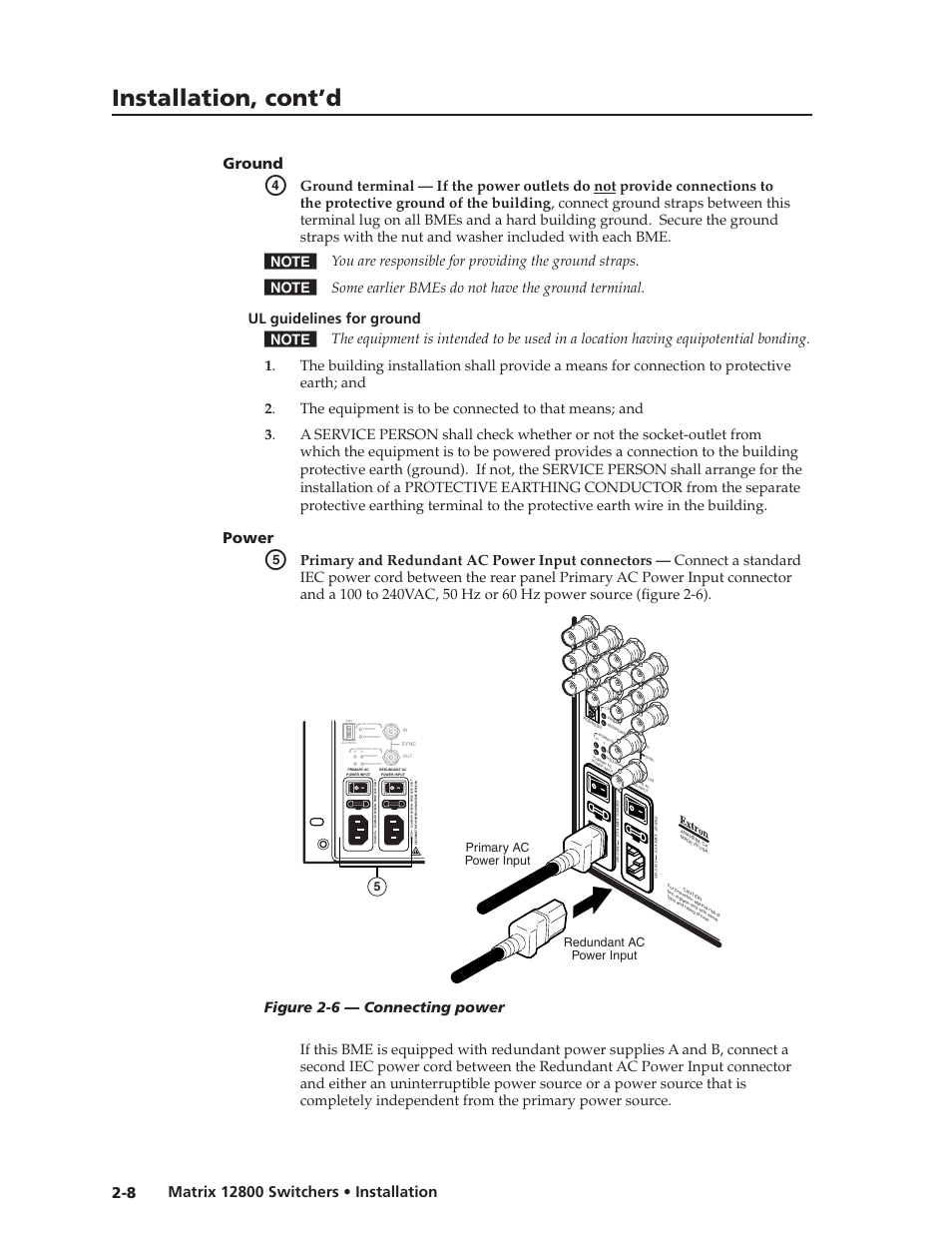 Ground, Ul guidelines for ground, Power | Ground -8, Ul guidelines for ground -8, Power -8, Preliminar y, Installation, cont’d, Figure 2-6 — connecting power, Primary ac power input redundant ac power input | Extron Electronics Matrix 12800 Series User Guide User Manual | Page 23 / 137