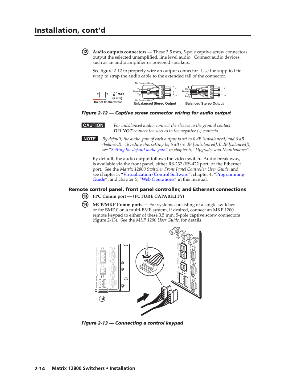 Preliminar y, Installation, cont’d, Fpc comm port — (future capability) | Figure 2-13 — connecting a control keypad | Extron Electronics Matrix 12800 Series User Guide User Manual | Page 29 / 137