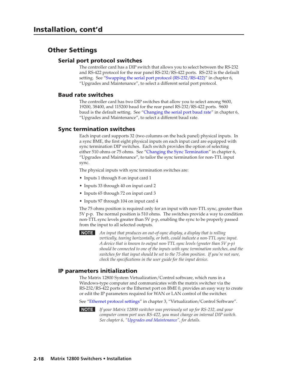 Other settings, Serial port protocol switches, Baud rate switches | Sync termination switches, Ip parameters initialization, Preliminar y, Installation, cont’d | Extron Electronics Matrix 12800 Series User Guide User Manual | Page 33 / 137