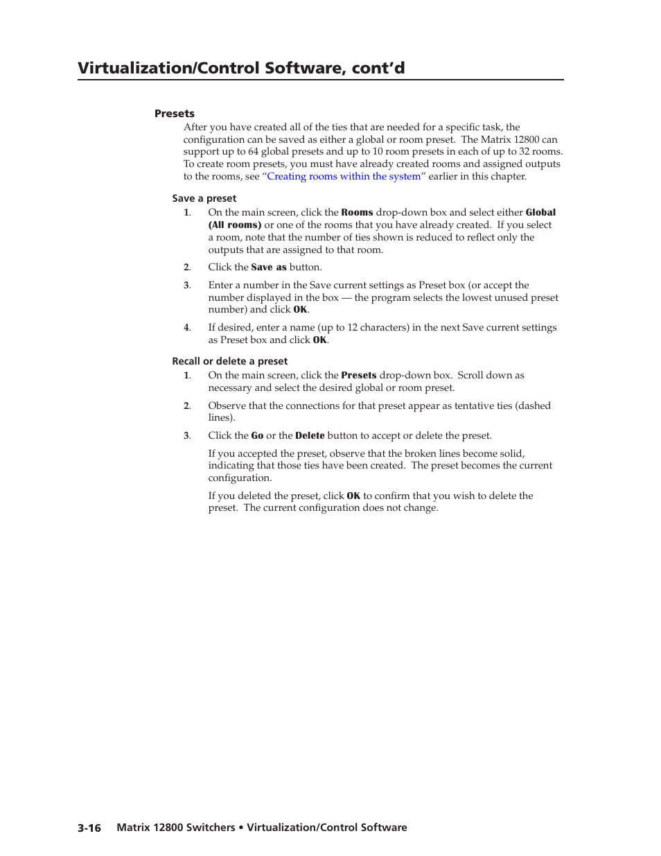 Presets, Save a preset, Recall or delete a preset | Presets -16, Save a preset -16 recall or delete a preset -16, Preliminar y, Virtualization/control software, cont’d | Extron Electronics Matrix 12800 Series User Guide User Manual | Page 49 / 137