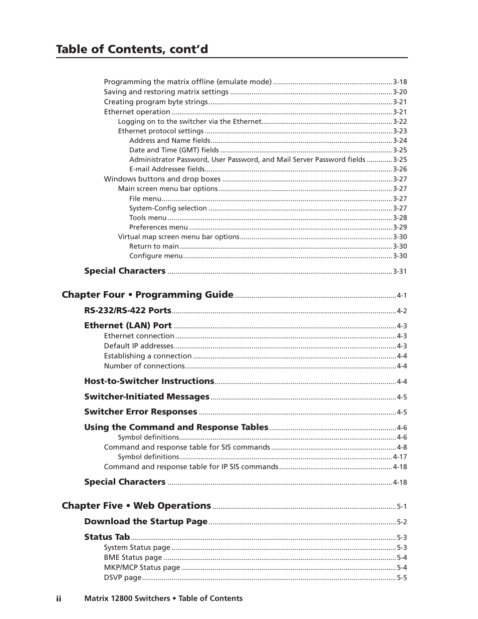 Preliminar y, Table of contents, cont’d | Extron Electronics Matrix 12800 Series User Guide User Manual | Page 5 / 137