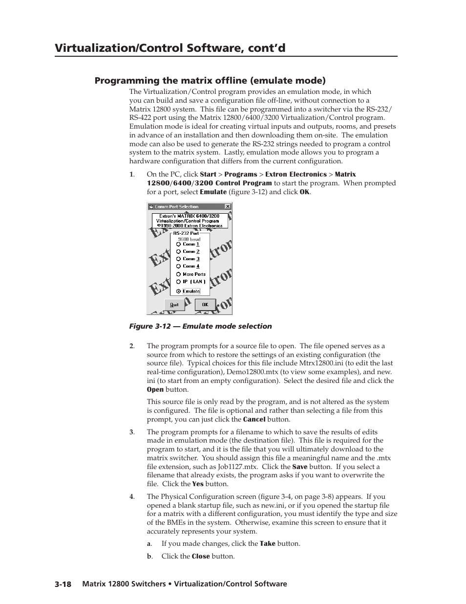 Programming the matrix offline (emulate mode), Programming the matrix offline (emulate mode) -18, Programming the matrix offline | Emulate mode), In this chapter, Preliminar y, Virtualization/control software, cont’d | Extron Electronics Matrix 12800 Series User Guide User Manual | Page 51 / 137