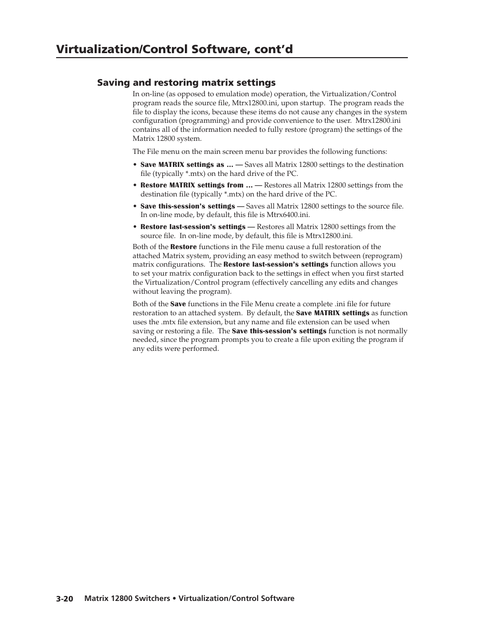 Saving and restoring matrix settings, Saving and restoring matrix settings -20, Preliminar y | Virtualization/control software, cont’d | Extron Electronics Matrix 12800 Series User Guide User Manual | Page 53 / 137