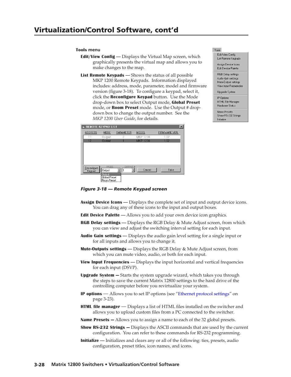 Tools menu, Tools menu -28, Virtualization/control software | Preliminar y, Virtualization/control software, cont’d | Extron Electronics Matrix 12800 Series User Guide User Manual | Page 61 / 137