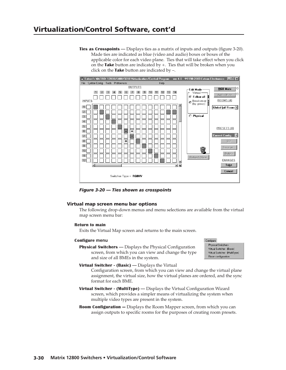 Virtual map screen menu bar options, Return to main, Configure menu | Virtual map screen menu bar options -30, Return to main -30 configure menu -30, Preliminar y, Virtualization/control software, cont’d | Extron Electronics Matrix 12800 Series User Guide User Manual | Page 63 / 137