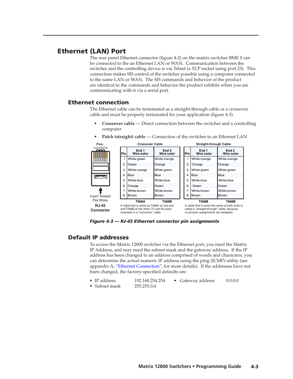 Ethernet (lan) port, Ethernet connection, Default ip addresses | Ethernet connection -3 default ip addresses -3, Preliminar y, Default ip addresses | Extron Electronics Matrix 12800 Series User Guide User Manual | Page 68 / 137