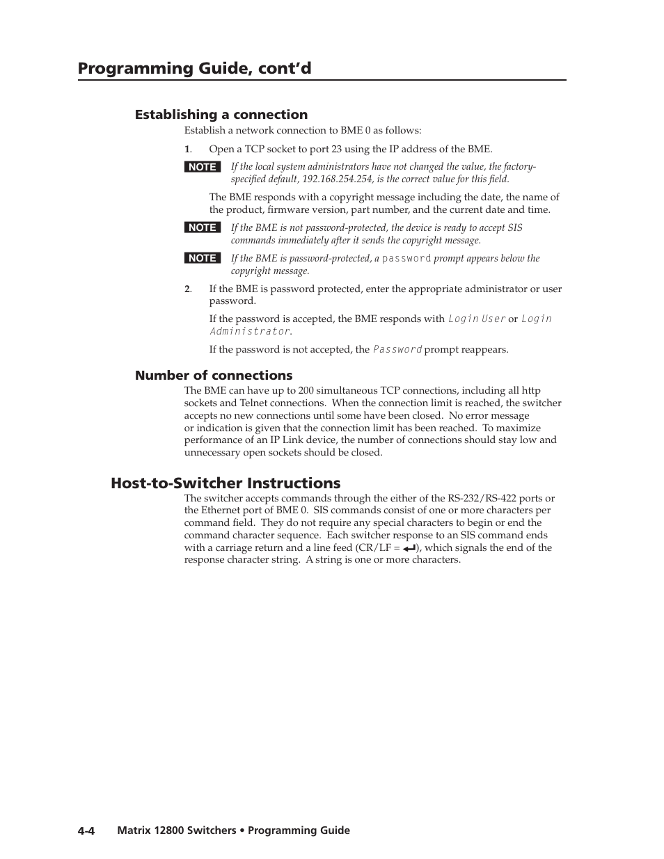 Establishing a connection, Number of connections, Host-to-switcher instructions | Host-to-switcher instructions, Preliminar y, Programming guide, cont’d | Extron Electronics Matrix 12800 Series User Guide User Manual | Page 69 / 137