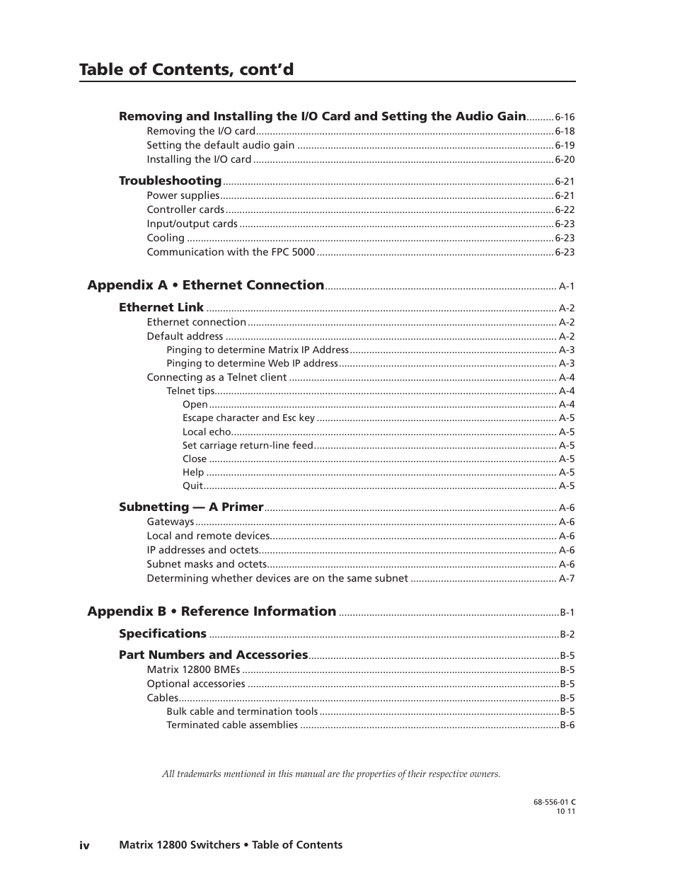Preliminar y, Table of contents, cont’d | Extron Electronics Matrix 12800 Series User Guide User Manual | Page 7 / 137