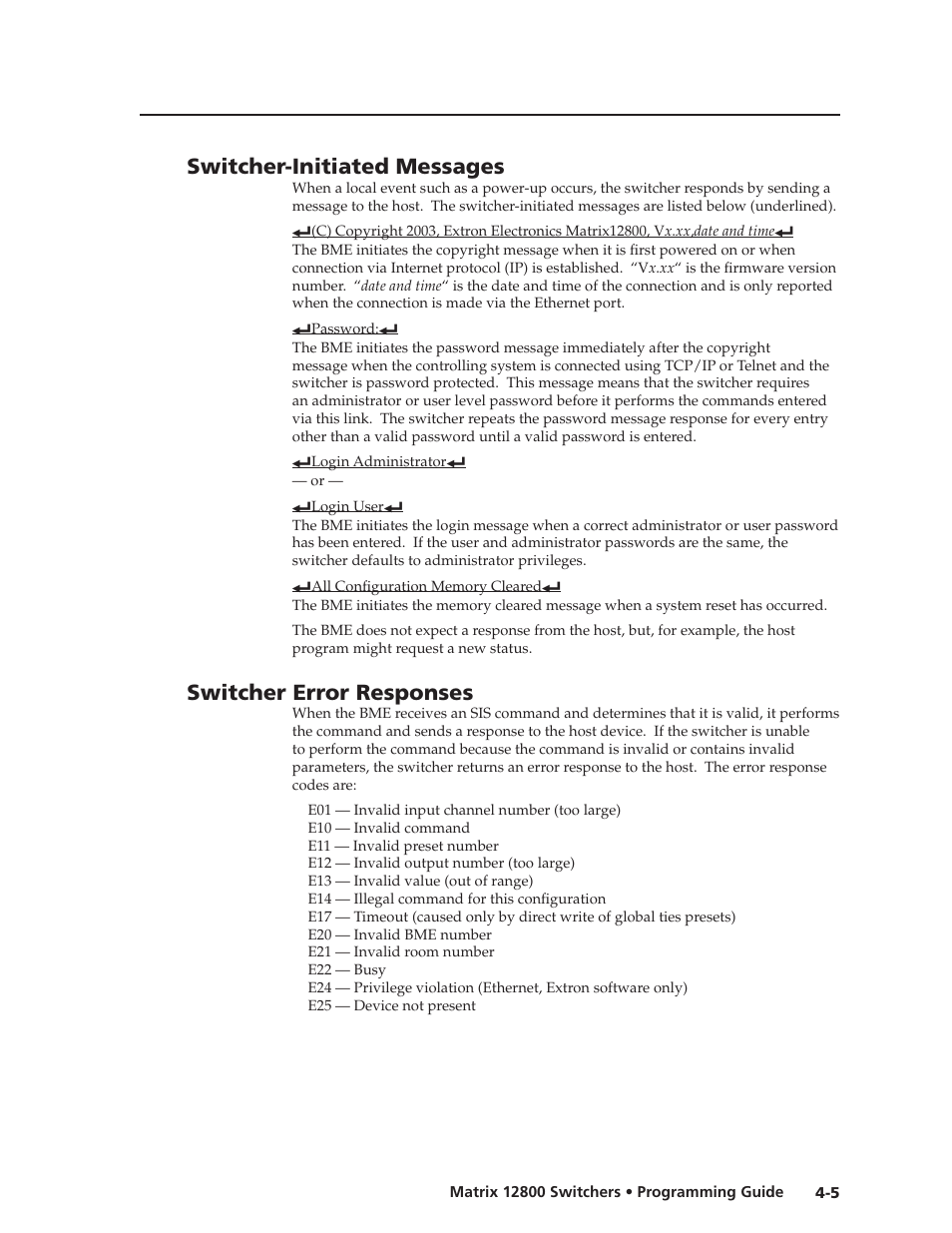 Switcher-initiated messages, Switcher error responses, Switcher-initiated messages | Switcher error responses, Preliminar y | Extron Electronics Matrix 12800 Series User Guide User Manual | Page 70 / 137