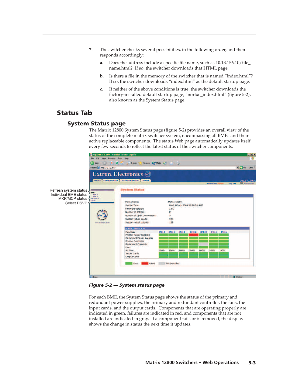 Status tab, Status tab, Preliminar y | Extron Electronics Matrix 12800 Series User Guide User Manual | Page 86 / 137