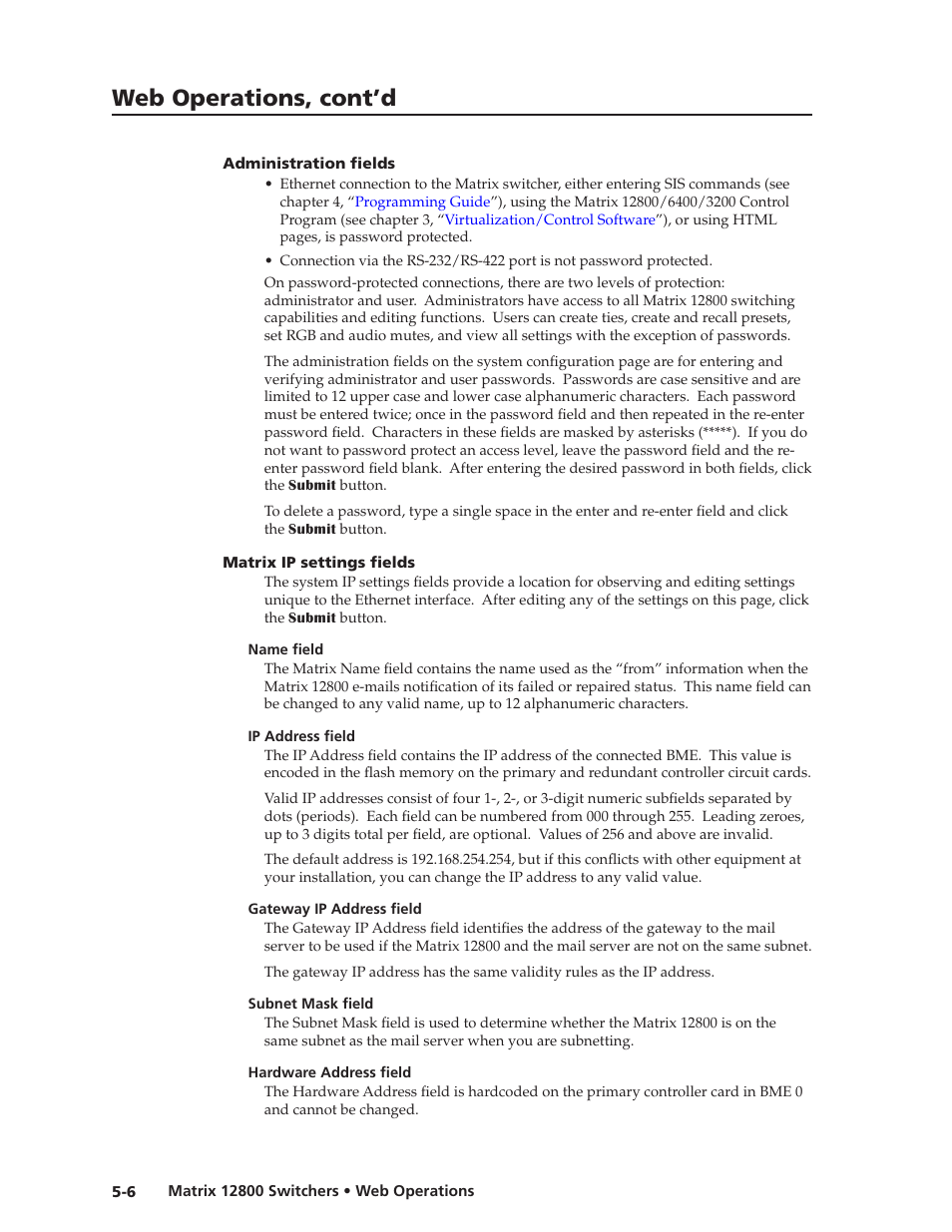 Administration fields, Matrix ip settings fields, Name field | Ip address field, Gateway ip address field, Subnet mask field, Hardware address field, Preliminar y, Web operations, cont’d | Extron Electronics Matrix 12800 Series User Guide User Manual | Page 89 / 137