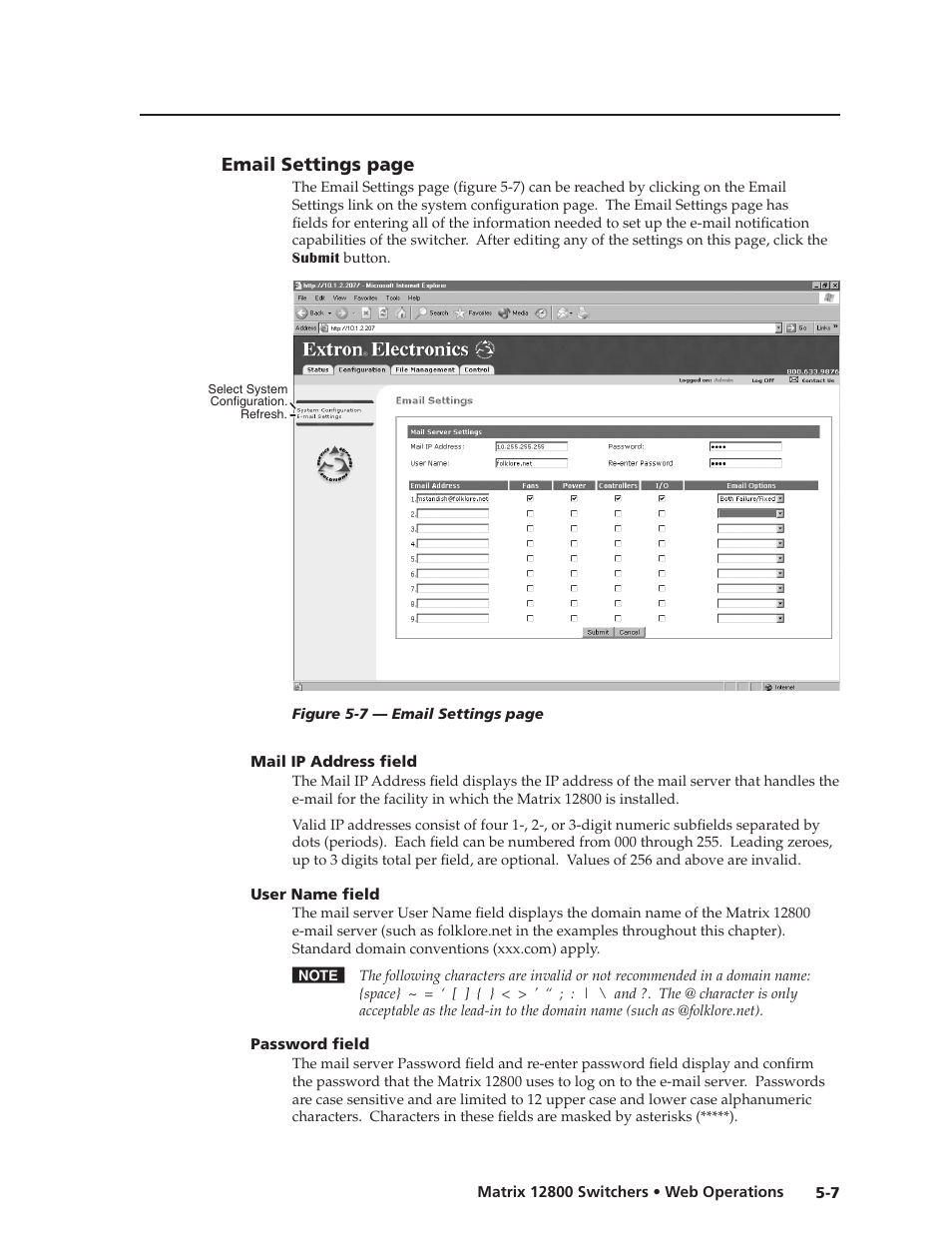 Mail ip address field, User name field, Password field | Preliminar y | Extron Electronics Matrix 12800 Series User Guide User Manual | Page 90 / 137