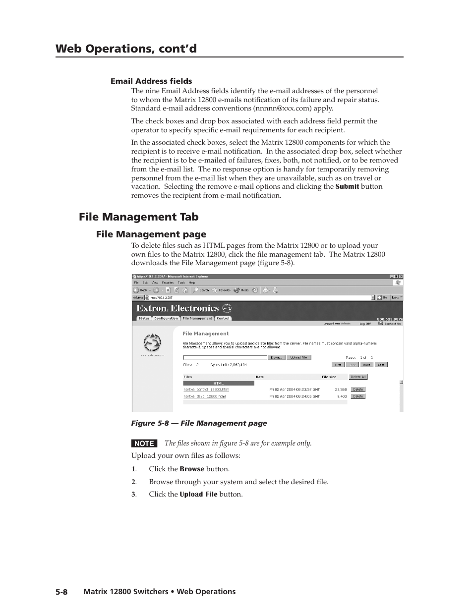 Email address fields, File management tab, Email address fields -8 | File management tab, Preliminar y, Web operations, cont’d | Extron Electronics Matrix 12800 Series User Guide User Manual | Page 91 / 137