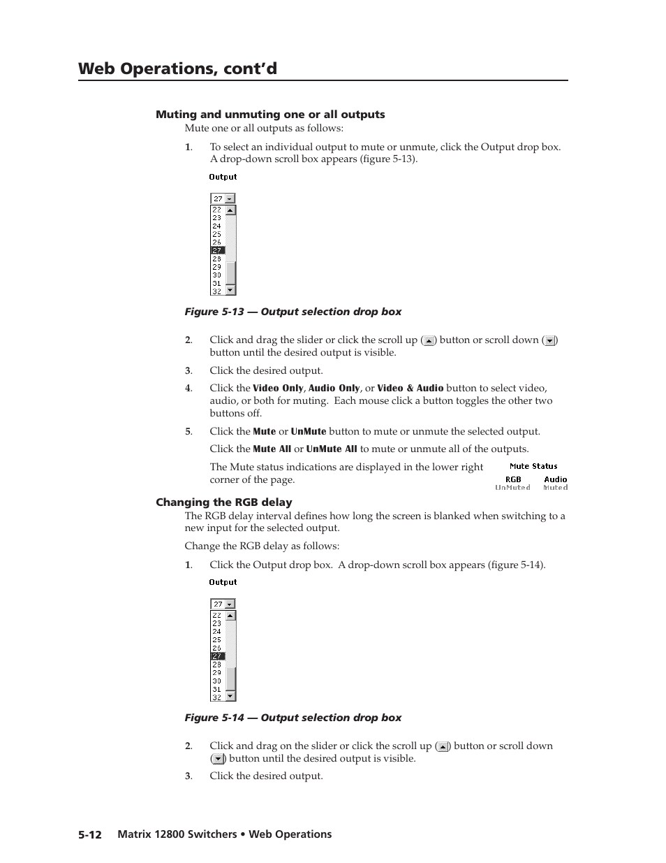 Muting and unmuting one or all outputs, Changing the rgb delay, Preliminar y | Web operations, cont’d | Extron Electronics Matrix 12800 Series User Guide User Manual | Page 95 / 137