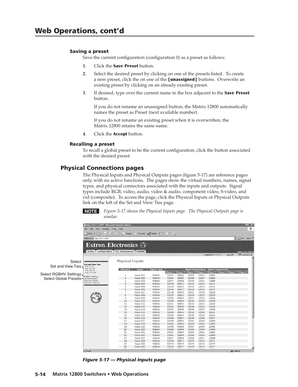 Saving a preset, Recalling a preset, Saving a preset -14 recalling a preset -14 | Preliminar y, Web operations, cont’d | Extron Electronics Matrix 12800 Series User Guide User Manual | Page 97 / 137