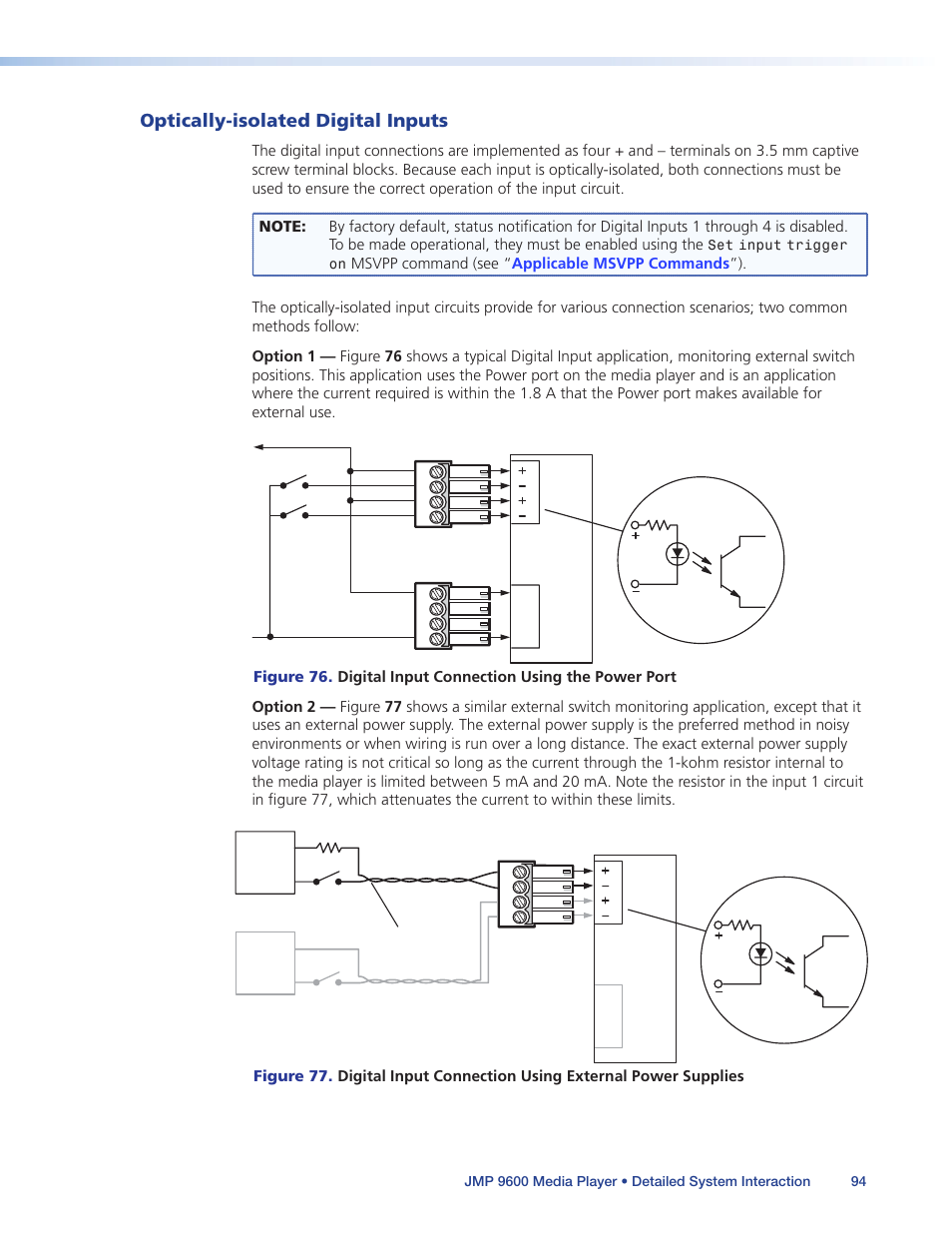 Optically-isolated digital inputs, A typical use of this voltage is shown in | Extron Electronics JMP 9600 User Guide User Manual | Page 100 / 122