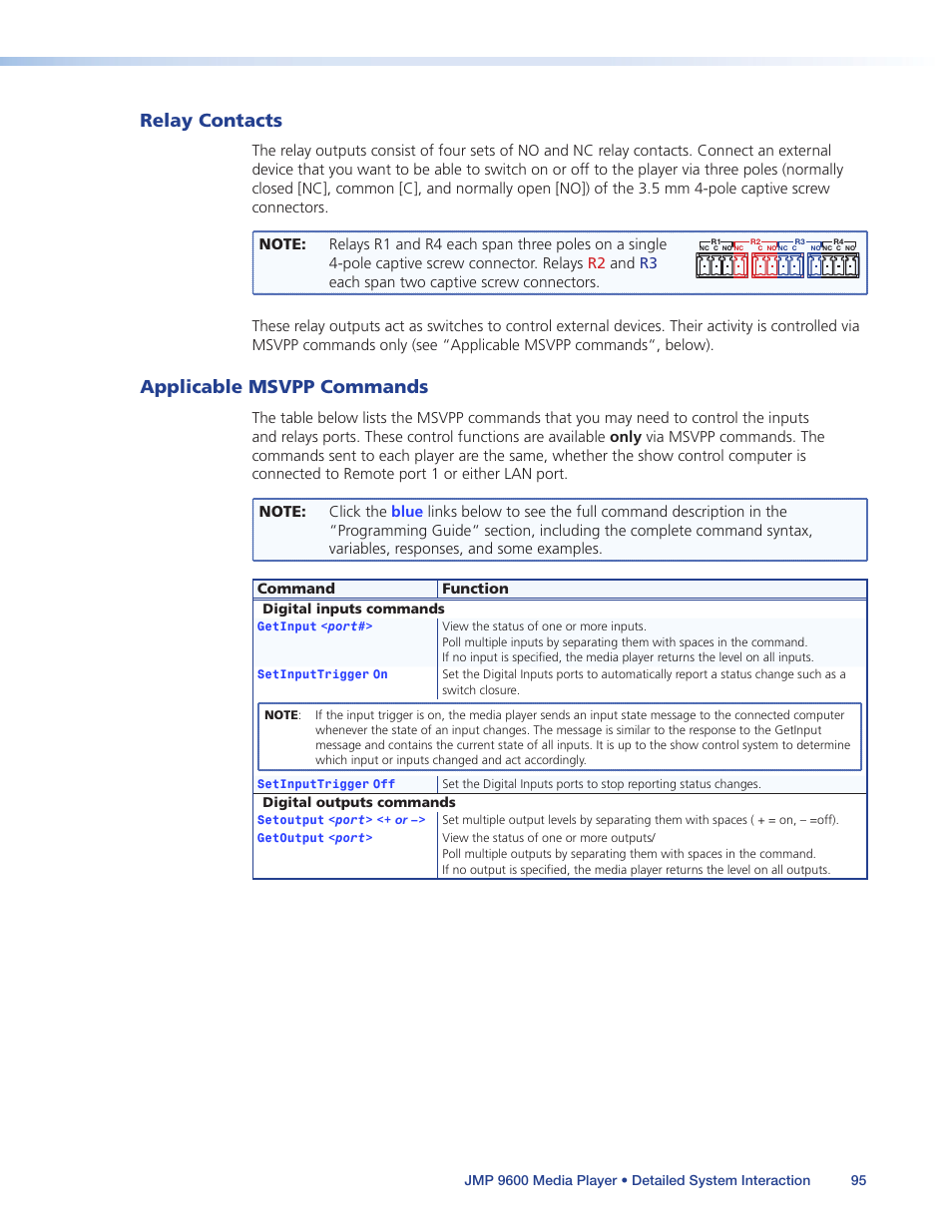 Relay contacts, Applicable msvpp commands, Relay contacts applicable msvpp commands | Connected on remote port 1 or either lan port, see | Extron Electronics JMP 9600 User Guide User Manual | Page 101 / 122