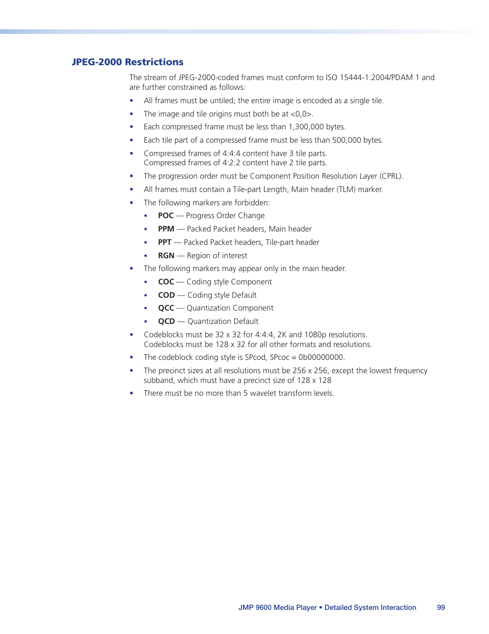 Jpeg-2000 restrictions | Extron Electronics JMP 9600 User Guide User Manual | Page 105 / 122