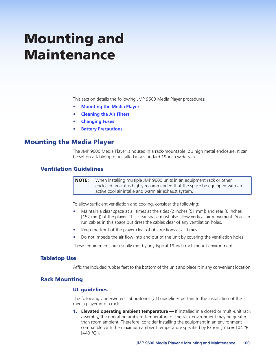 Mounting and maintenance, Mounting the media player, Ventilation guidelines | Tabletop use, Rack mounting, Ventilation guidelines tabletop use rack mounting, Detailed mounting instructions can be found in the, Mounted on a rack shelf | Extron Electronics JMP 9600 User Guide User Manual | Page 106 / 122