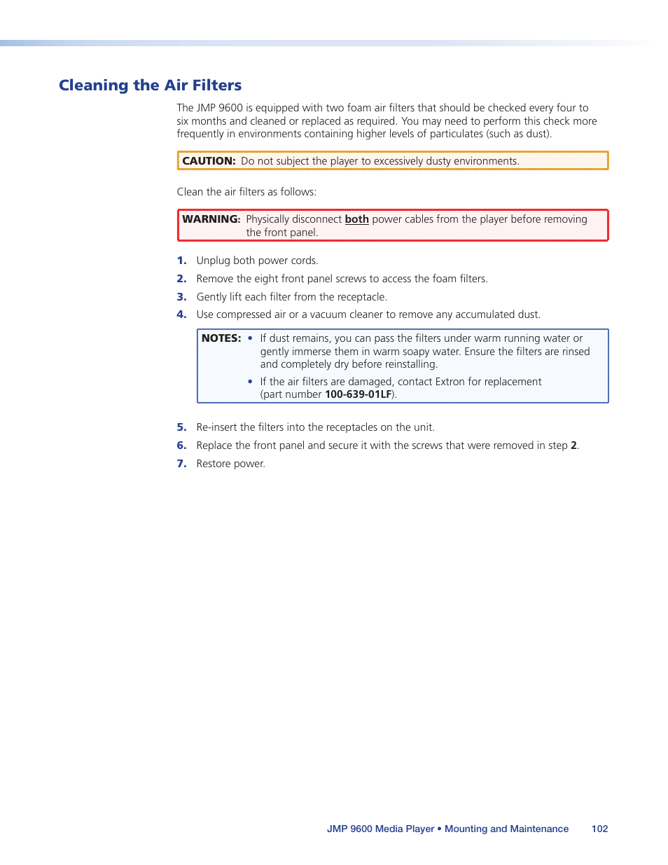 Cleaning the air filters | Extron Electronics JMP 9600 User Guide User Manual | Page 108 / 122