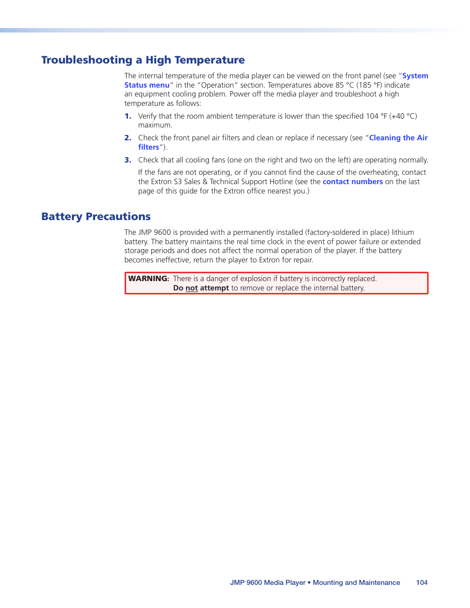 Troubleshooting a high temperature, Battery precautions | Extron Electronics JMP 9600 User Guide User Manual | Page 110 / 122