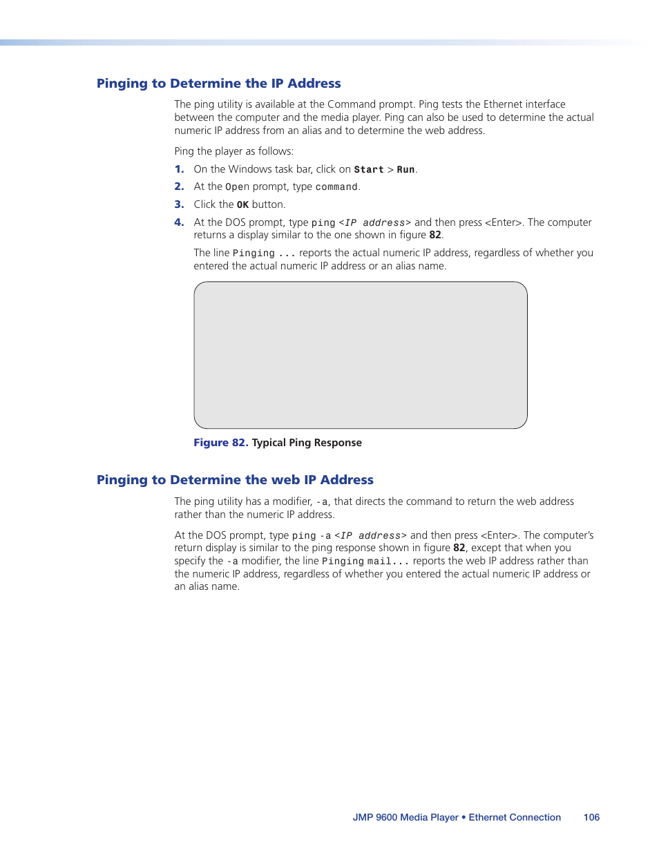 Pinging to determine the ip address, Pinging to determine the web ip address | Extron Electronics JMP 9600 User Guide User Manual | Page 112 / 122