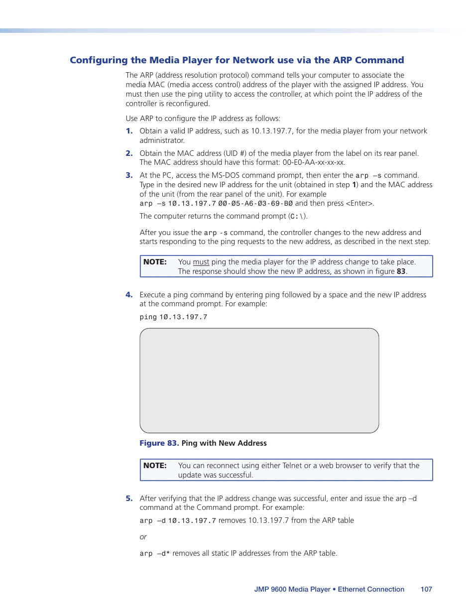 Configuring the media player for network use, Via the arp command | Extron Electronics JMP 9600 User Guide User Manual | Page 113 / 122