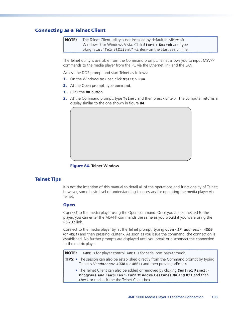 Connecting as a telnet client, Telnet tips, Connecting as a telnet client telnet tips | Extron Electronics JMP 9600 User Guide User Manual | Page 114 / 122