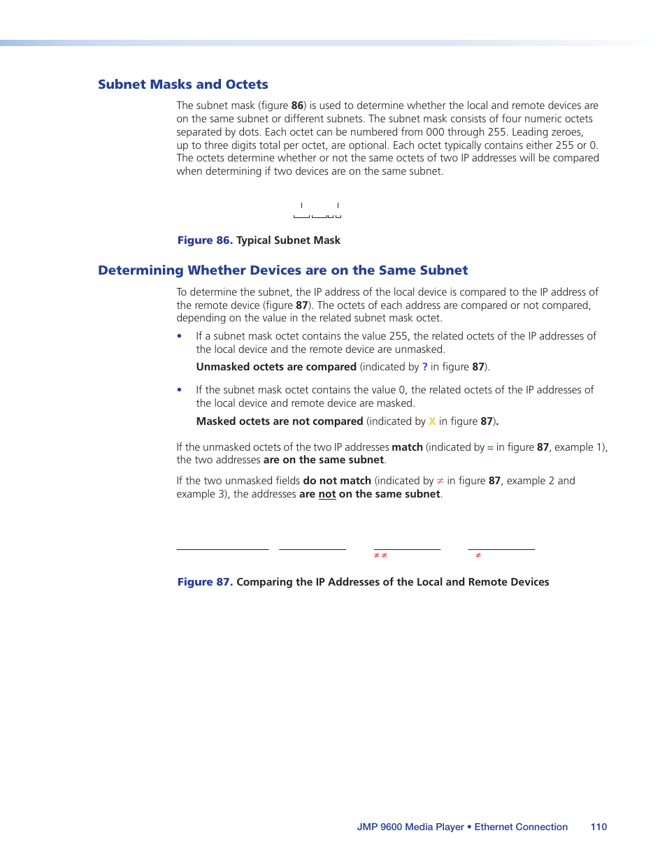 Subnet masks and octets, Determining whether devices are on the same subnet, Subnet | Extron Electronics JMP 9600 User Guide User Manual | Page 116 / 122