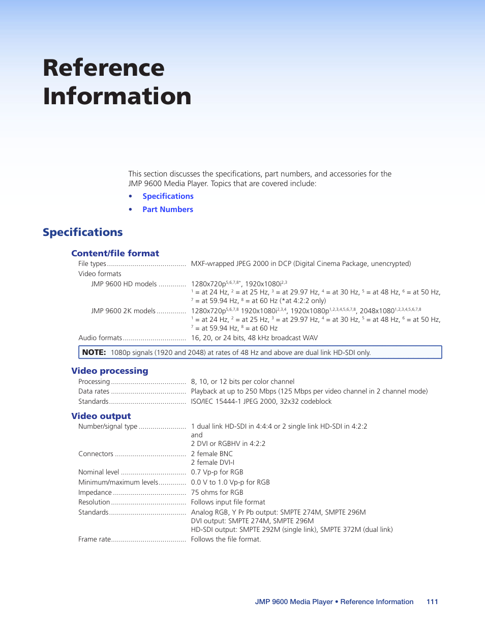 Reference information, Specifications, Content/file format | Video processing, Video output | Extron Electronics JMP 9600 User Guide User Manual | Page 117 / 122