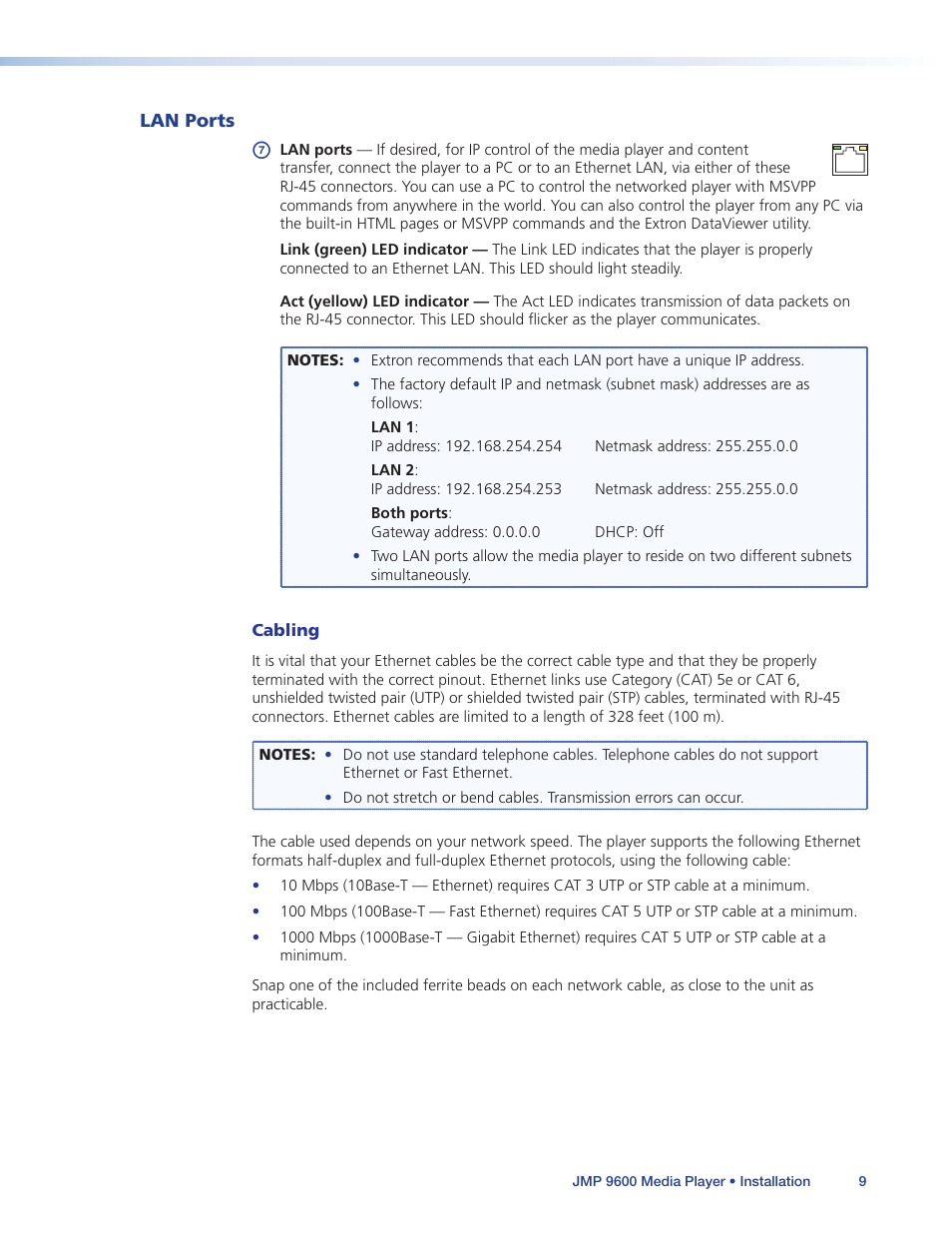 Lan ports | Extron Electronics JMP 9600 User Guide User Manual | Page 15 / 122