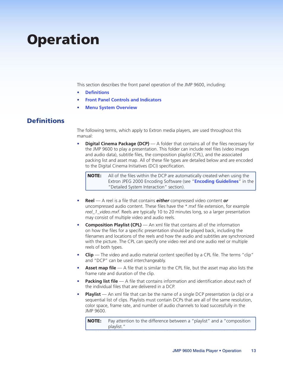 Operation, Definitions | Extron Electronics JMP 9600 User Guide User Manual | Page 19 / 122