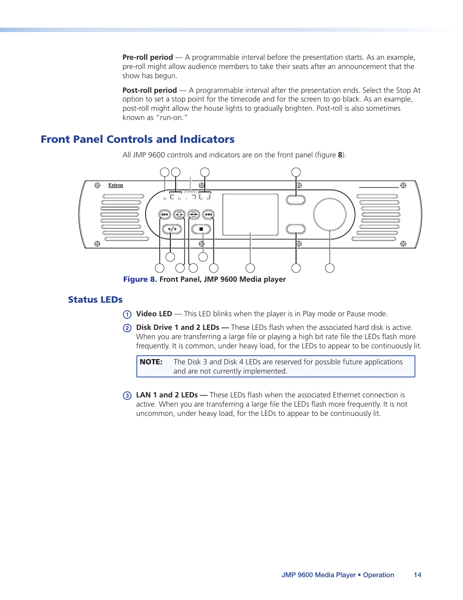 Front panel controls and indicators, Status leds | Extron Electronics JMP 9600 User Guide User Manual | Page 20 / 122