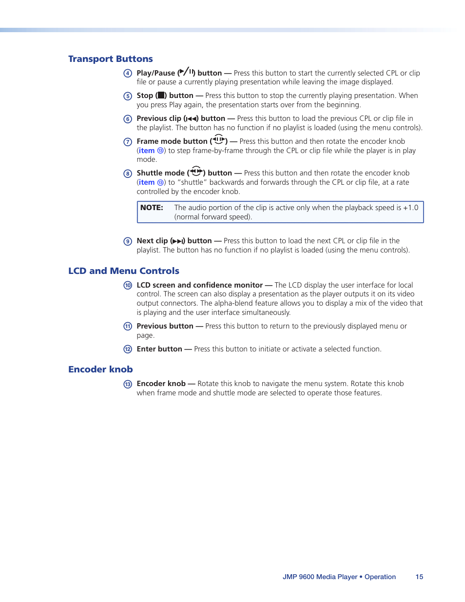 Transport buttons, Lcd and menu controls, Encoder knob | Extron Electronics JMP 9600 User Guide User Manual | Page 21 / 122