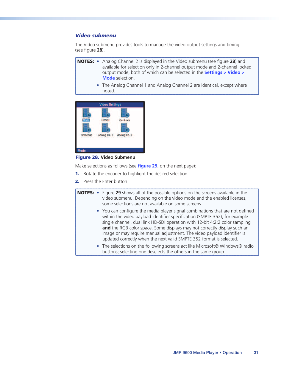 Video, Submenu, Settings > video submenu | To check | Extron Electronics JMP 9600 User Guide User Manual | Page 37 / 122