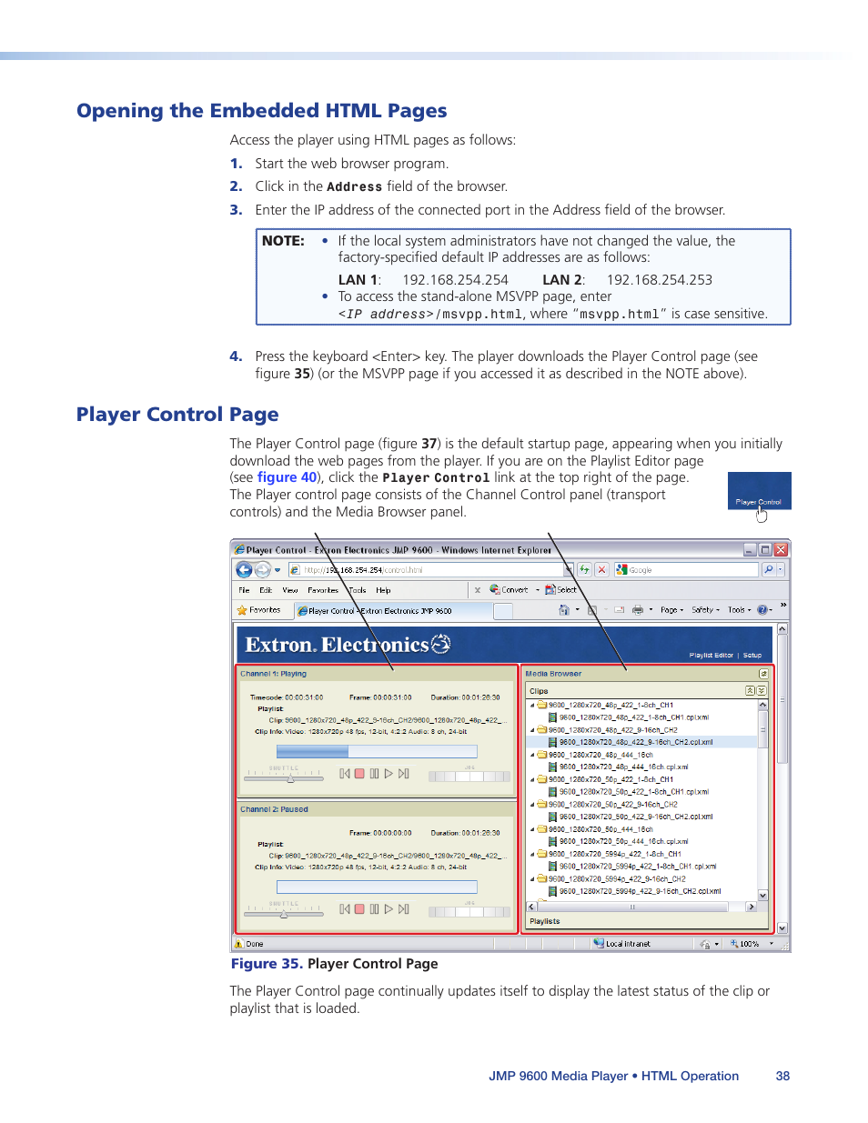 Figure 35, Opening the embedded html pages, Player control page | Extron Electronics JMP 9600 User Guide User Manual | Page 44 / 122